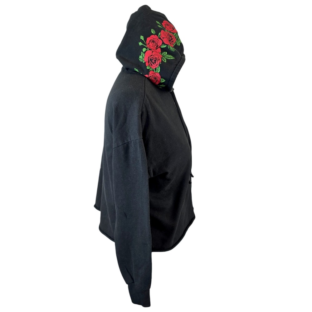 Rebellious One Womens Black Rose Floral Graphic Cropped Hoodie Sweatshirt L - Picture 2 of 9